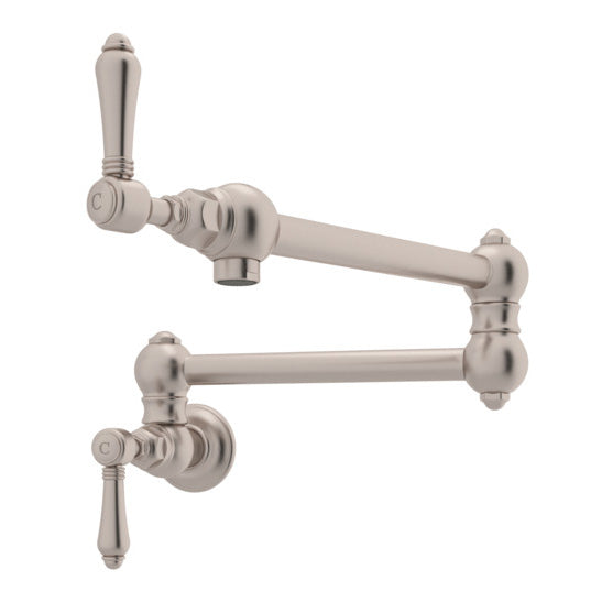Italian Country Wall Mount Pot Filler in Satin Nickel w/Metal Levers
