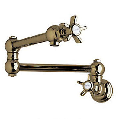 Italian Country Wall Mount Pot Filler in Tuscan Brass w/Porcelain Levers