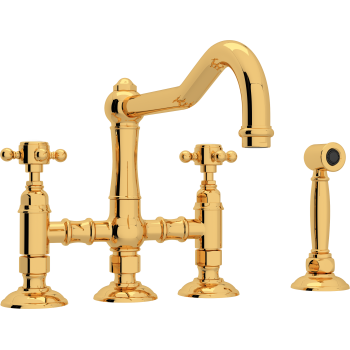 Country Bridge Faucet w/Sidespray & Cross Handles in Inca Brass