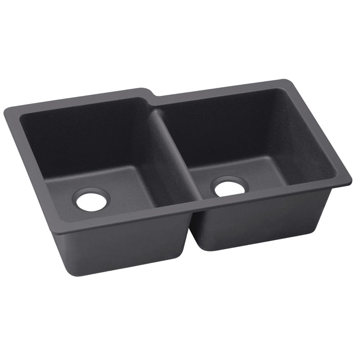 Quartz Luxe 33x20-1/2x9-1/2" Offset Dbl Bowl Sink Charcoal