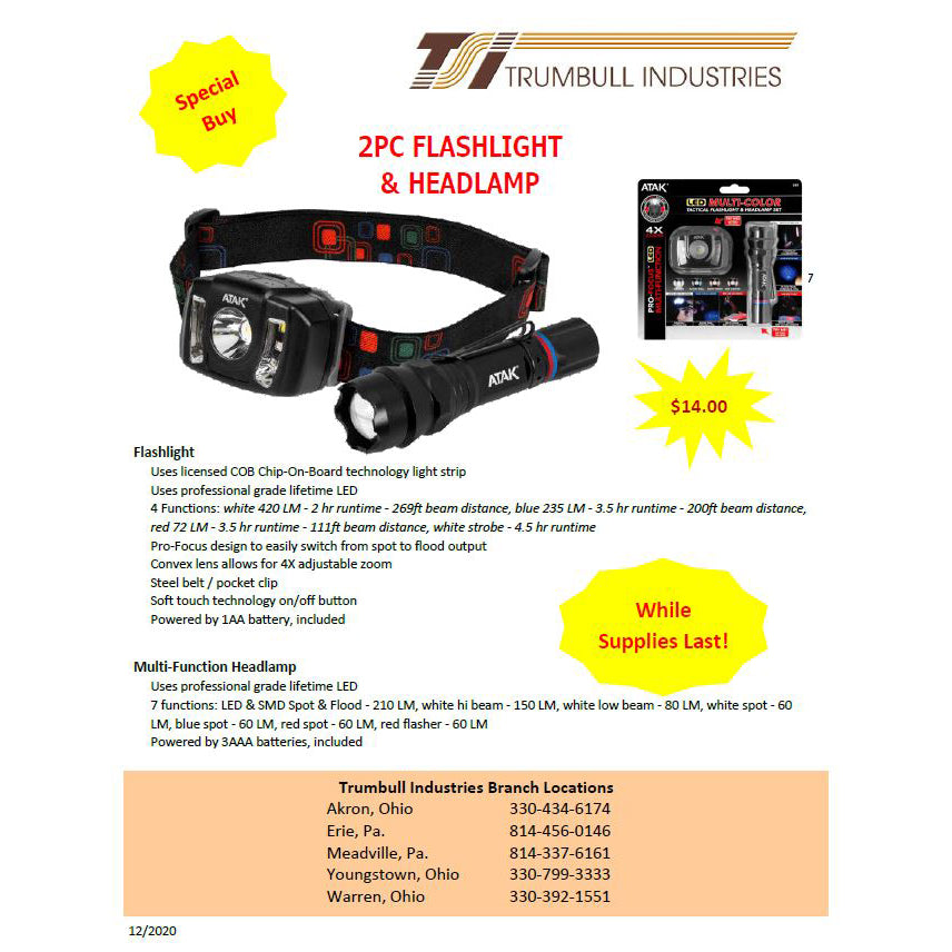 Performance Tool Headlamp & Flashlight LED w/3 AAA Batteries