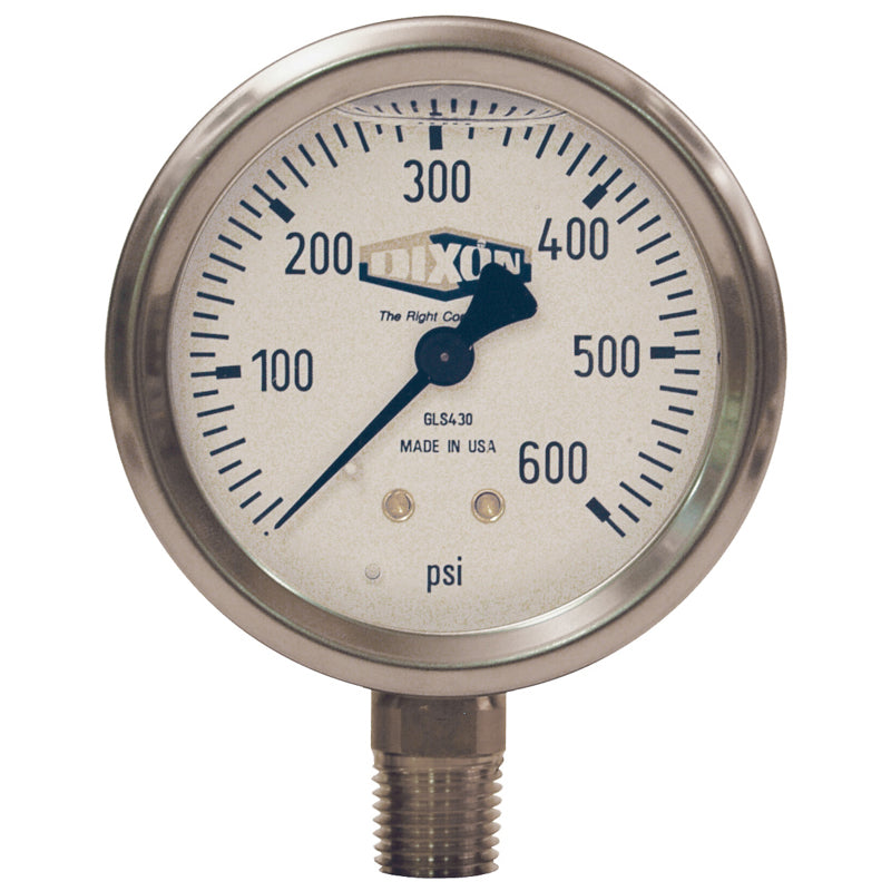 GAUGE 0-600 STAINLESS STEEL GLS430 LIQUID FILLED - 2-1/2 FACE -LOWER MOUNT