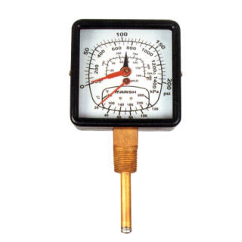 Tridicator 3-1/2" Square Face 1/2" Thread Bottom 0-200 PSI 60°-260° Temperature