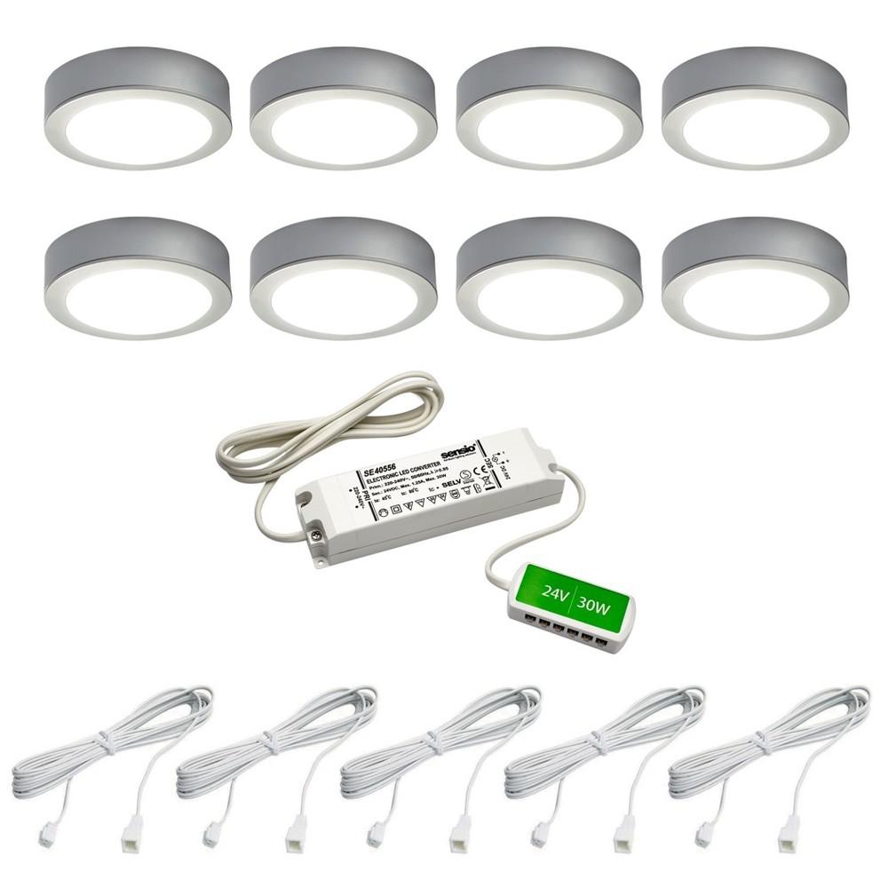 SLS LED Puck Light Kit Cool White 8 Pack Aluminum