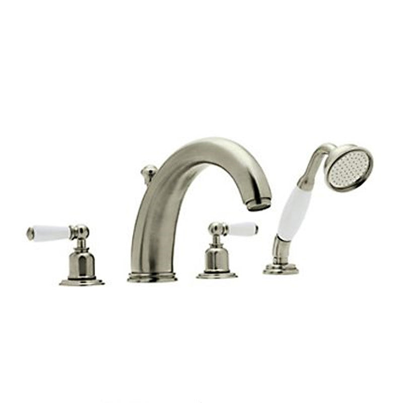 Perrin & Rowe Edwardian Deck Mounted Tub Faucet Plus Hand Shower In Satin Nickel