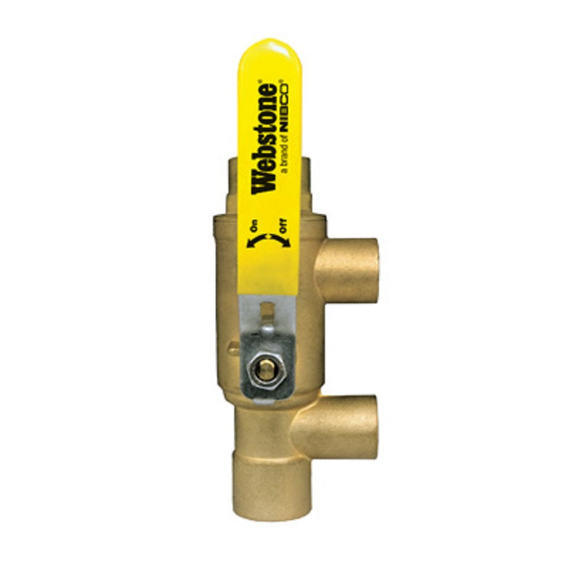 Ball Valve 1-1/4"X1" Brass CXC Full Port with Primary/Secondary Loop Purge Tee Reversible Lever Handle Max Pressure 600 PSI WOG